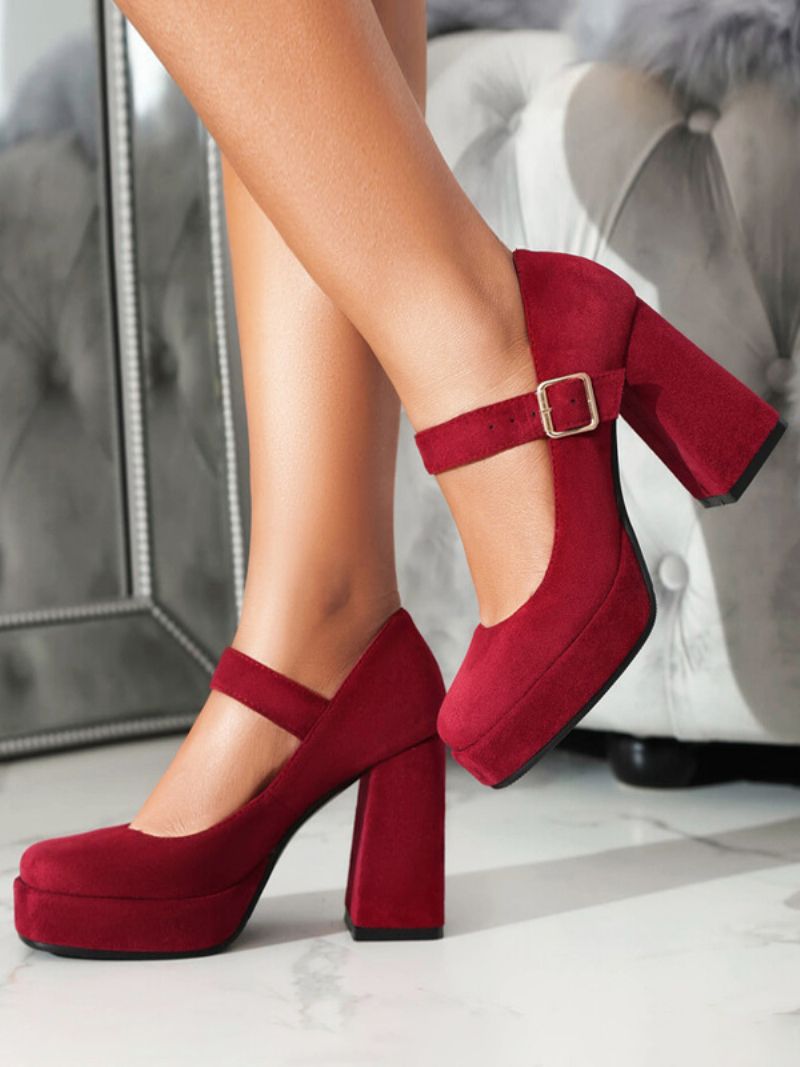 Platform För Kvinnor Pumps Square Toe Chunky Heel Spänne Strappy Mary Jane