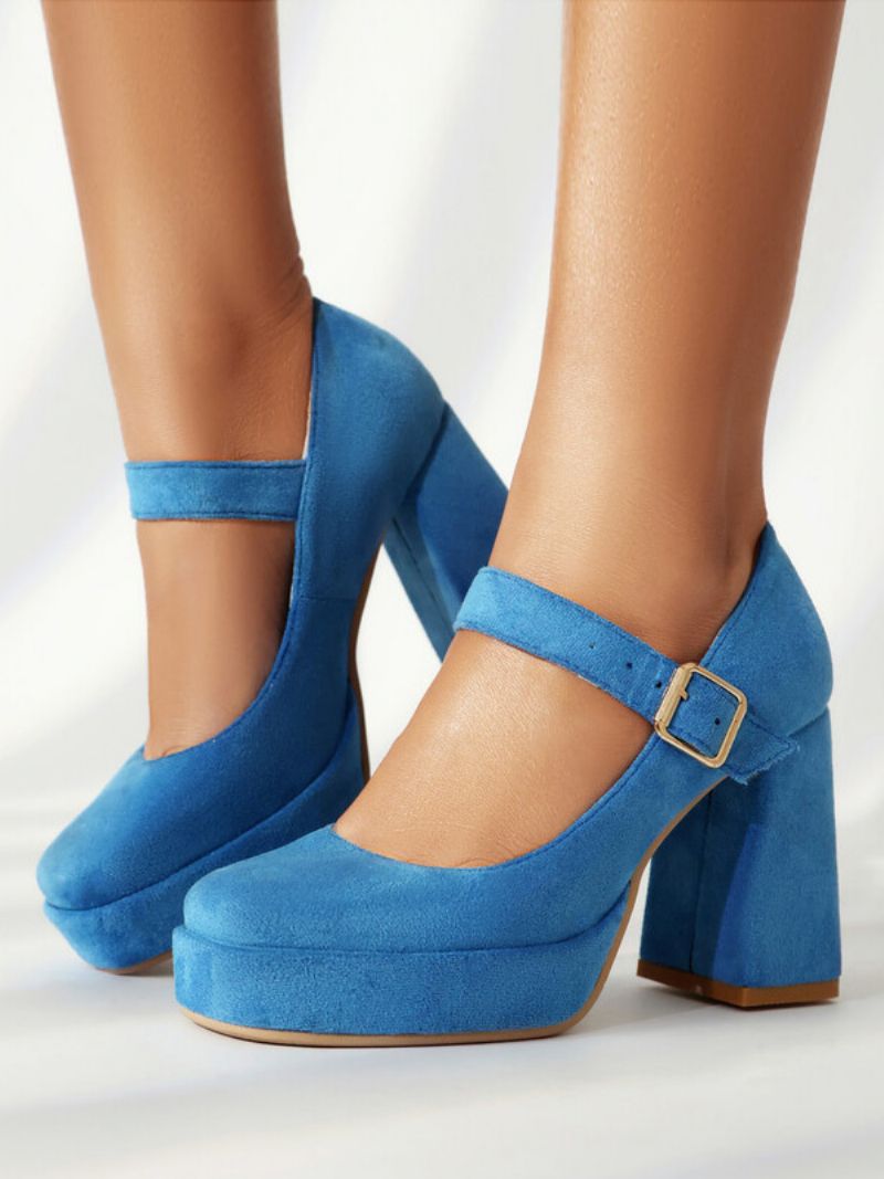 Platform För Kvinnor Pumps Square Toe Chunky Heel Spänne Strappy Mary Jane - Blå