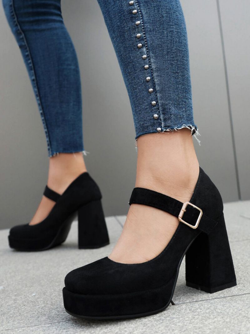 Platform För Kvinnor Pumps Square Toe Chunky Heel Spänne Strappy Mary Jane - Svart