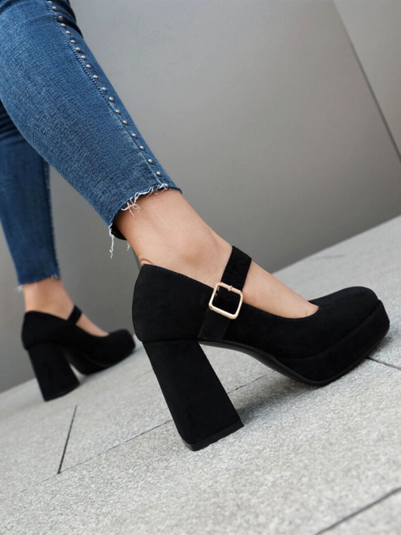 Platform För Kvinnor Pumps Square Toe Chunky Heel Spänne Strappy Mary Jane - Svart