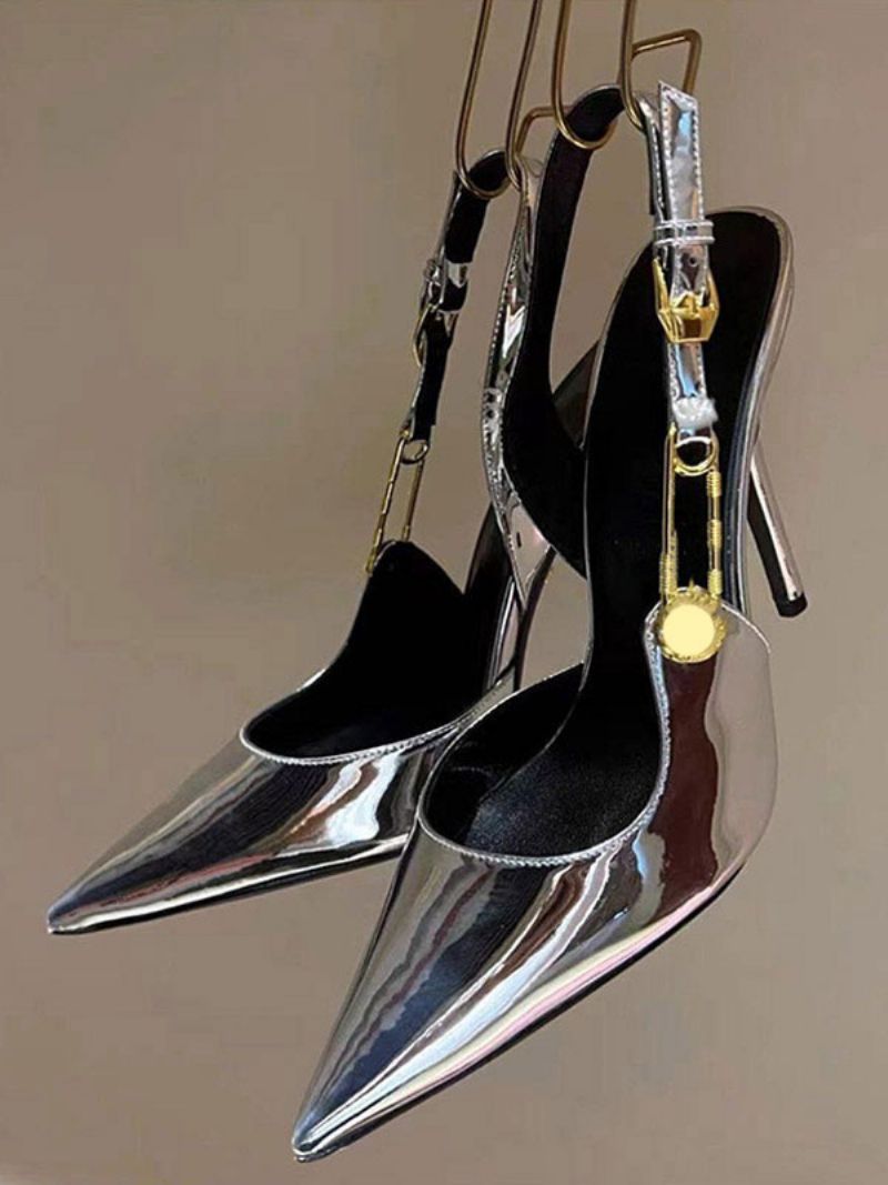 Silver Högklackade Pumpar Dam Spetsad Tå Kedja Detalj Slingback Pumps