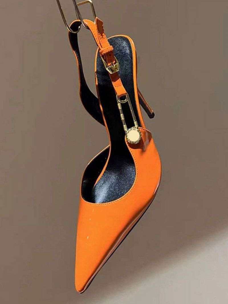 Silver Högklackade Pumpar Dam Spetsad Tå Kedja Detalj Slingback Pumps - Orange