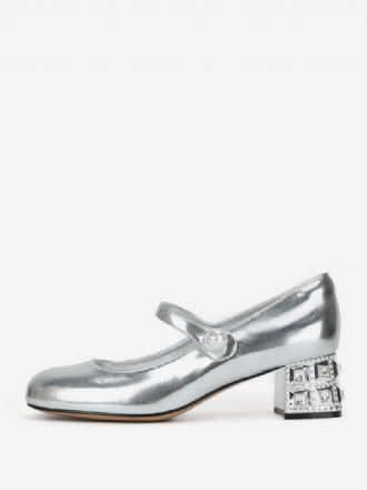 Silver Mary Jane Skor Dam Round Toe Strass Block Heel Pumps