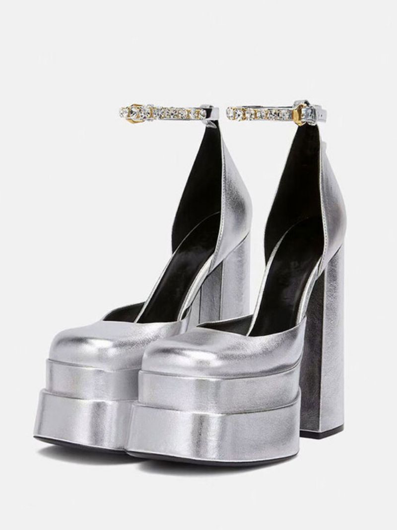 Silver Platform Klackar Metallic Kvinnor Squared Toe Chunky Heel Ankelrem Party Skor