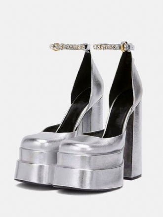 Silver Platform Klackar Metallic Kvinnor Squared Toe Chunky Heel Ankelrem Party Skor