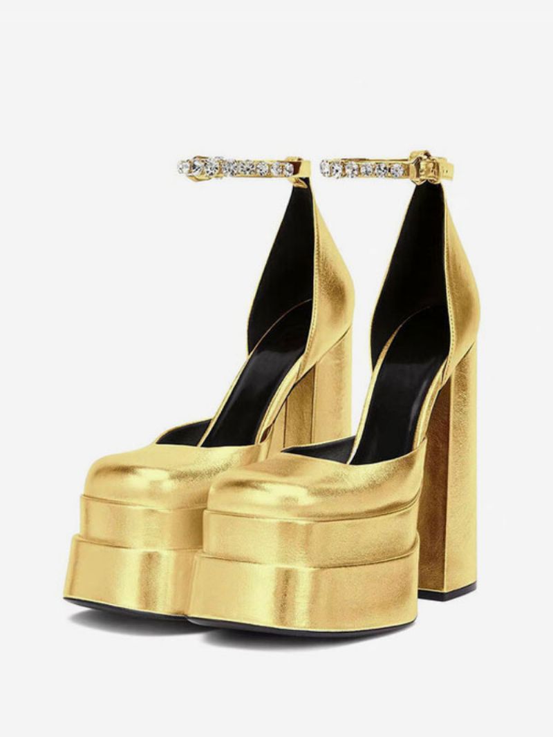 Silver Platform Klackar Metallic Kvinnor Squared Toe Chunky Heel Ankelrem Party Skor - Guld