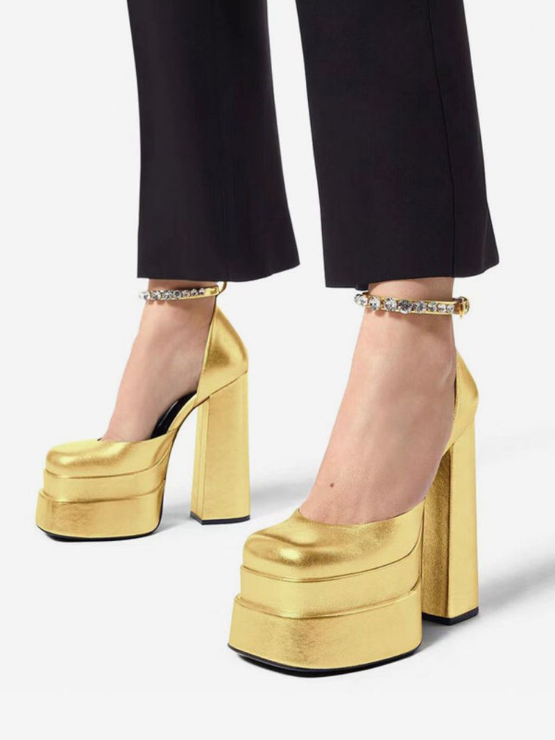 Silver Platform Klackar Metallic Kvinnor Squared Toe Chunky Heel Ankelrem Party Skor - Guld