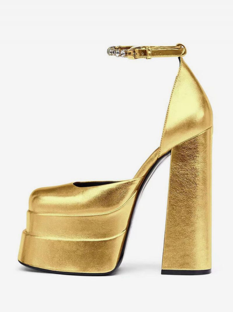 Silver Platform Klackar Metallic Kvinnor Squared Toe Chunky Heel Ankelrem Party Skor - Guld