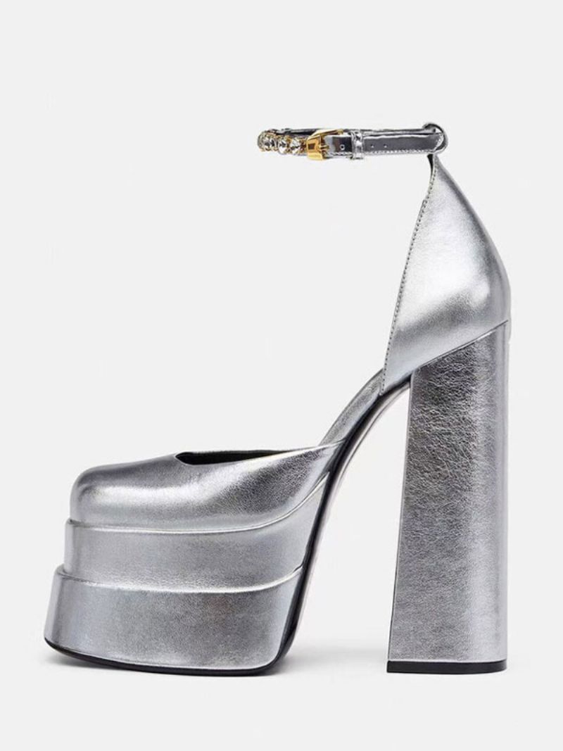 Silver Platform Klackar Metallic Kvinnor Squared Toe Chunky Heel Ankelrem Party Skor - Silver