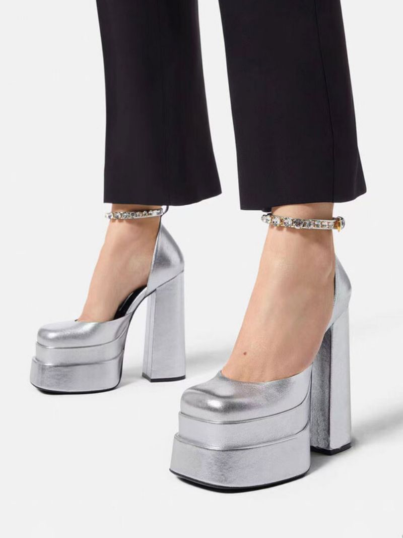 Silver Platform Klackar Metallic Kvinnor Squared Toe Chunky Heel Ankelrem Party Skor - Silver