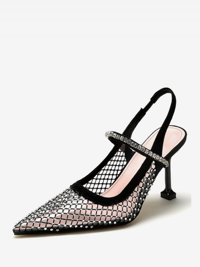 Slingback Klackar För Kvinnor Mesh Svart Strass Stiletto Heel Pumps Party Skor