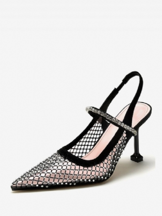 Slingback Klackar För Kvinnor Mesh Svart Strass Stiletto Heel Pumps Party Skor