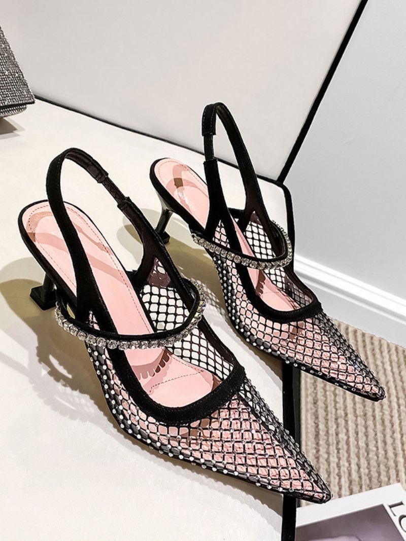 Slingback Klackar För Kvinnor Mesh Svart Strass Stiletto Heel Pumps Party Skor - Svart