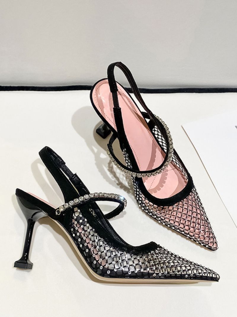 Slingback Klackar För Kvinnor Mesh Svart Strass Stiletto Heel Pumps Party Skor - Svart