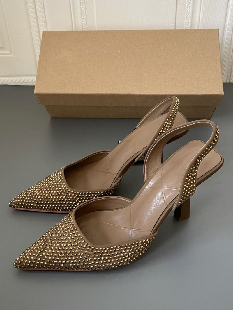 Slingback Klackar För Kvinnor Strass Stilettklack Blå Pumps Pu Läder - Guld