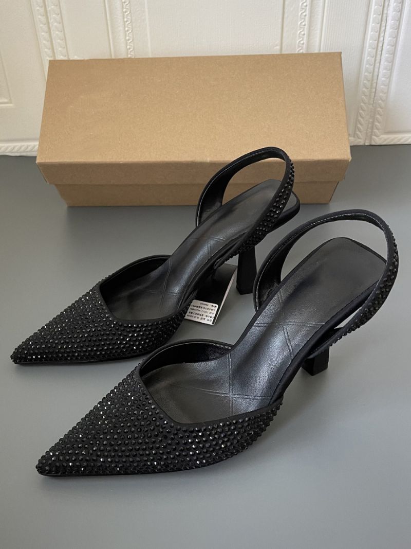 Slingback Klackar För Kvinnor Strass Stilettklack Blå Pumps Pu Läder - Svart