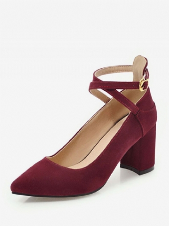 Spetsiga Tå Chunky Heels Mocka Burgundy Crisscross Pumps För Kvinnor