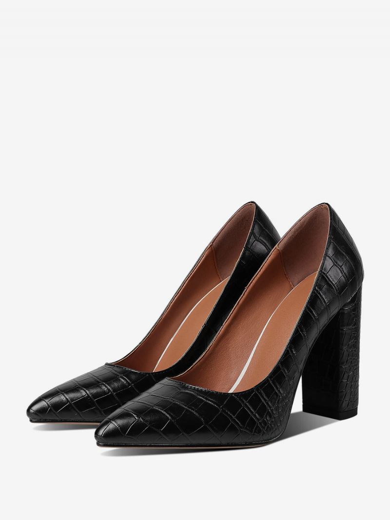 Svart Högklackat Dam Spetsad Tå Stenmönster Chunky Heel Pumps