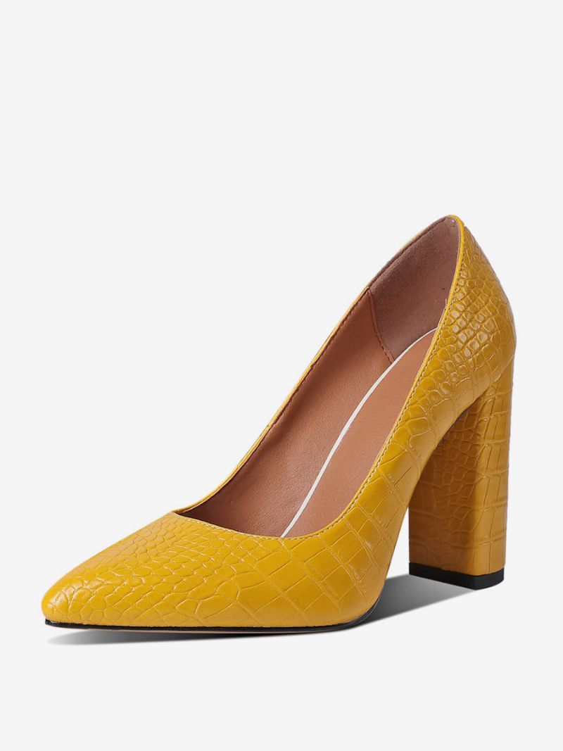 Svart Högklackat Dam Spetsad Tå Stenmönster Chunky Heel Pumps - Gul