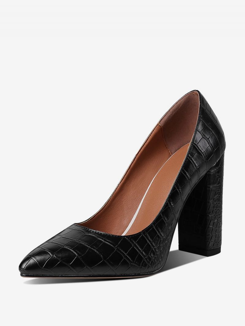 Svart Högklackat Dam Spetsad Tå Stenmönster Chunky Heel Pumps - Svart