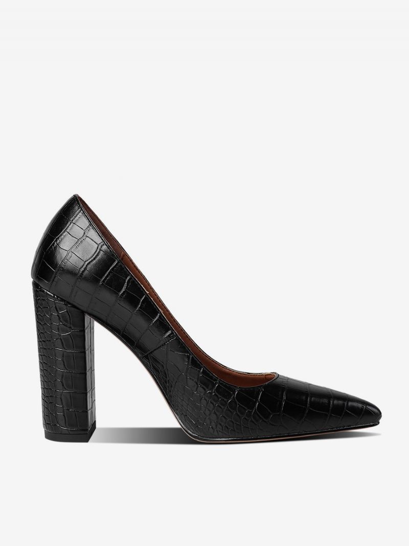 Svart Högklackat Dam Spetsad Tå Stenmönster Chunky Heel Pumps - Svart