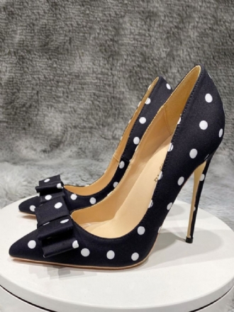 Svarta Höga Klackar Kvinnor Spetsad Tå Rosett Polka Dot Vintage Pumps