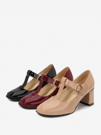 Vintage Skor För Kvinnor Med Fyrkantig Tå T-rem Chunky Heel Pumps