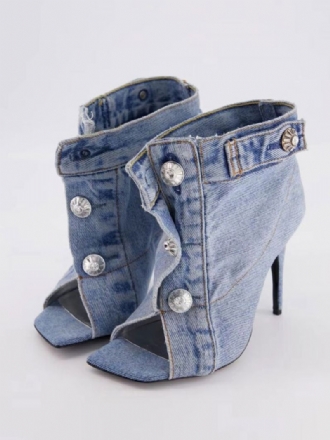 Dam Ankelboots Denim Blå Öppen Tå Button Detalj Högklackade Booties