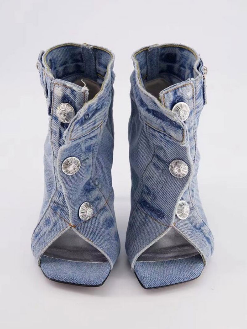 Dam Ankelboots Denim Blå Öppen Tå Button Detalj Högklackade Booties - Ljus Himmelsblå