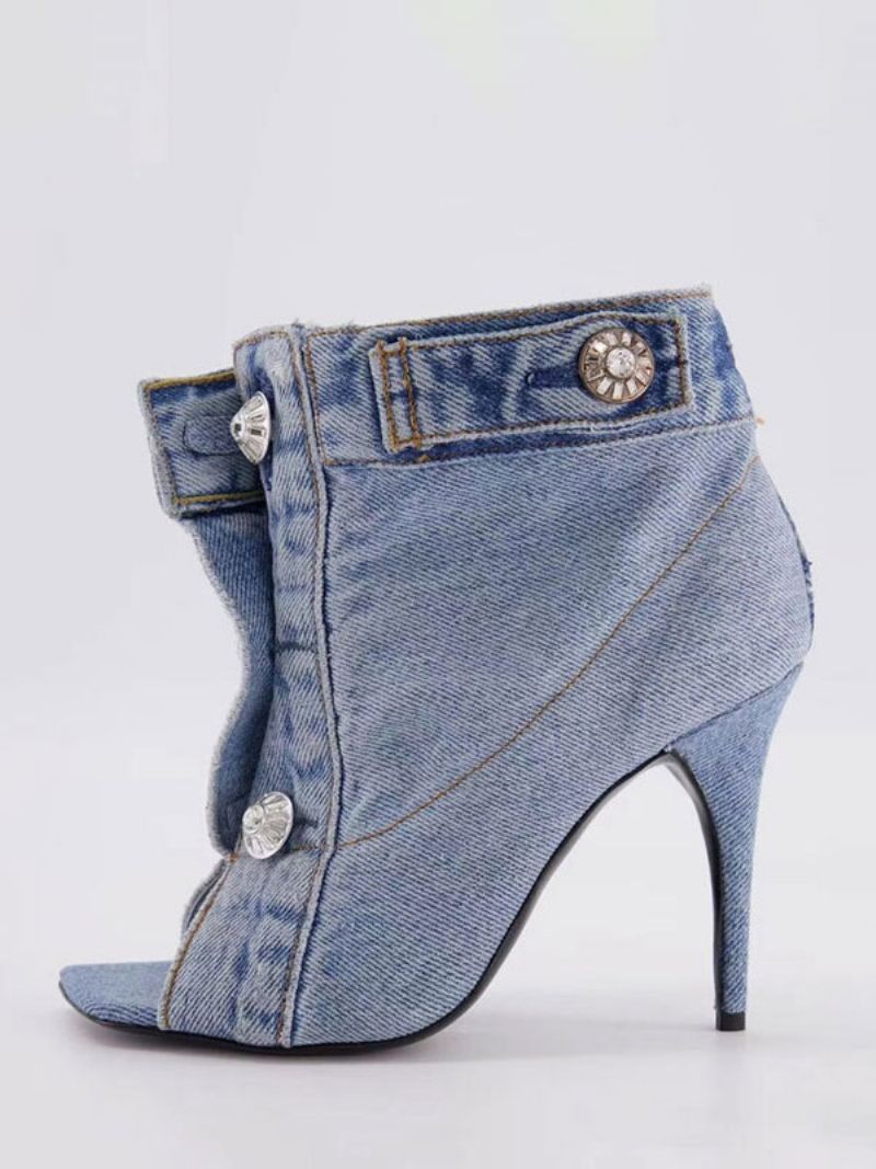 Dam Ankelboots Denim Blå Öppen Tå Button Detalj Högklackade Booties - Ljus Himmelsblå