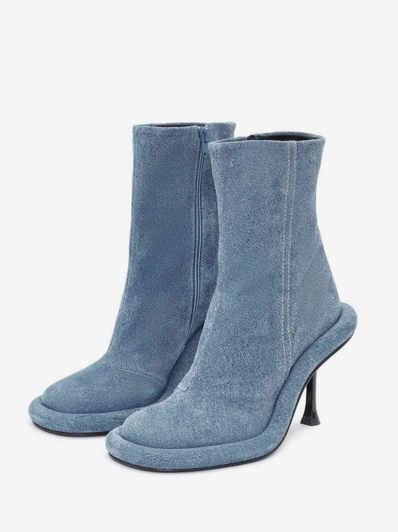 Dam Ankelboots Denim Blå Rund Tå Designade Stilettklackskor