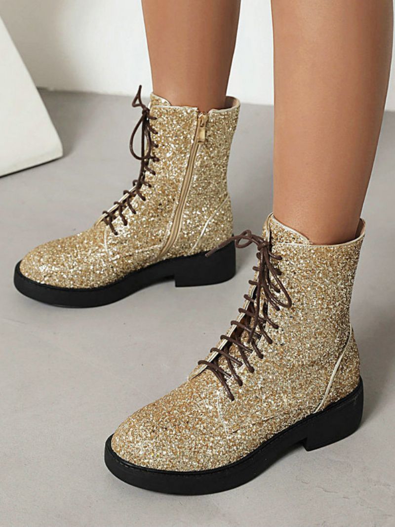 Dam Ankelboots Guld Paljetter Booties Pu Läder Rund Toe Platt