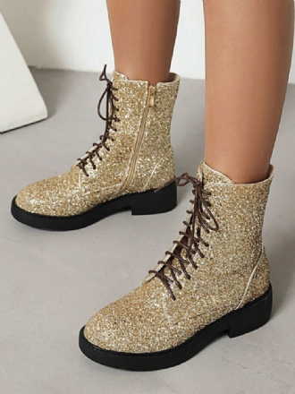 Dam Ankelboots Guld Paljetter Booties Pu Läder Rund Toe Platt