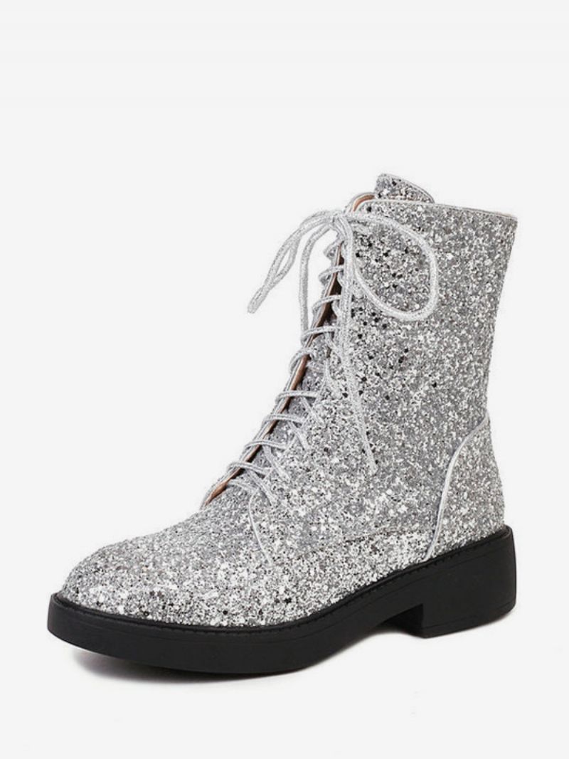 Dam Ankelboots Guld Paljetter Booties Pu Läder Rund Toe Platt - Silver