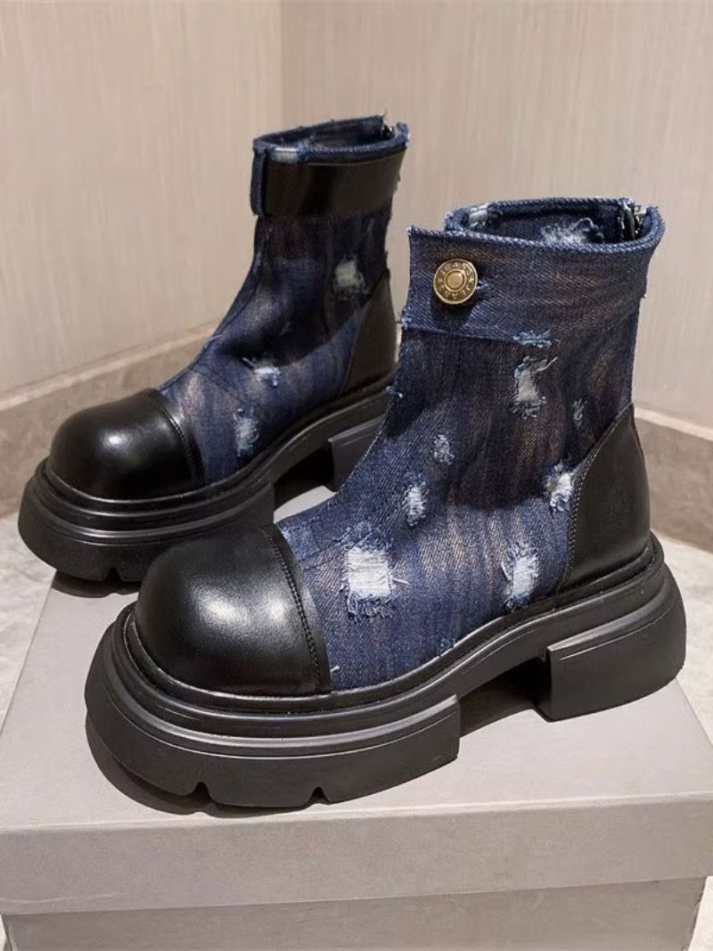 Dam Denim Patchwork Rund Toe Platta Ankelboots - Djupblå