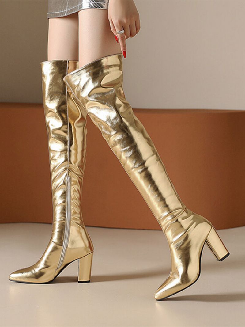 Dam Guld Stövlar Över Knä Metallic Chunky Heel Lårhöga - Guld