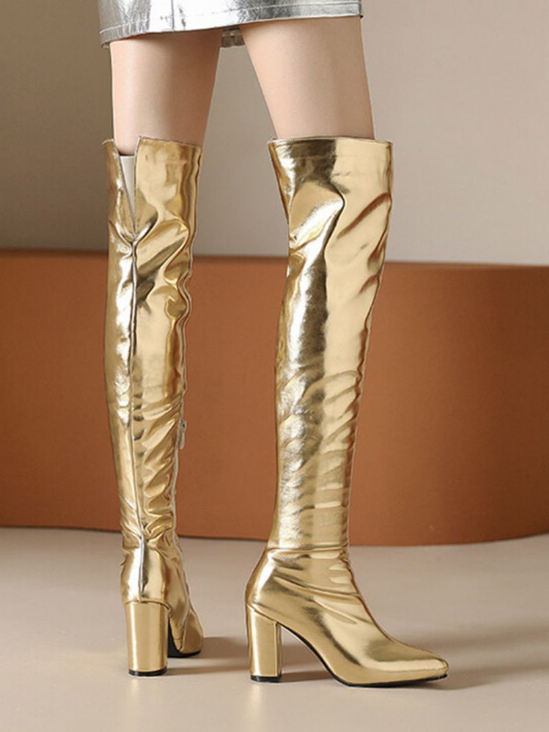 Dam Guld Stövlar Över Knä Metallic Chunky Heel Lårhöga - Guld