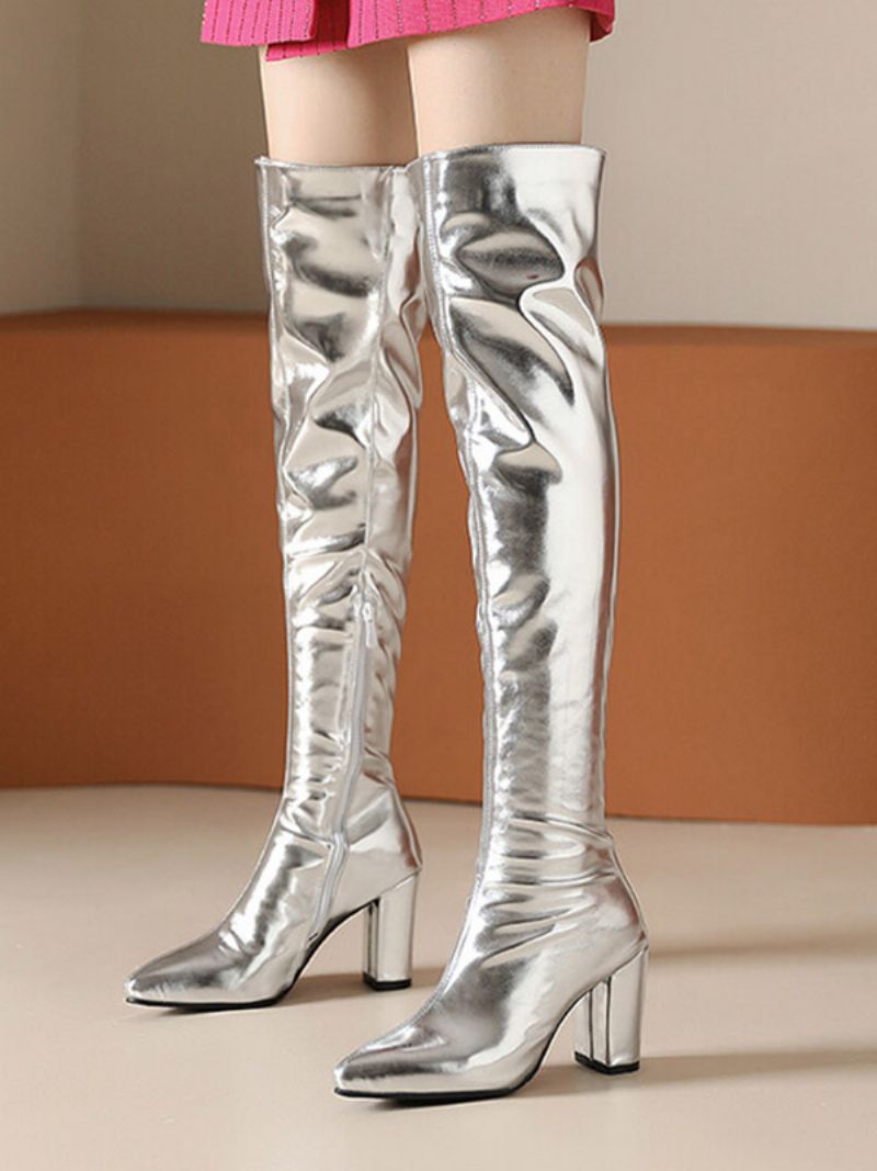 Dam Guld Stövlar Över Knä Metallic Chunky Heel Lårhöga - Silver