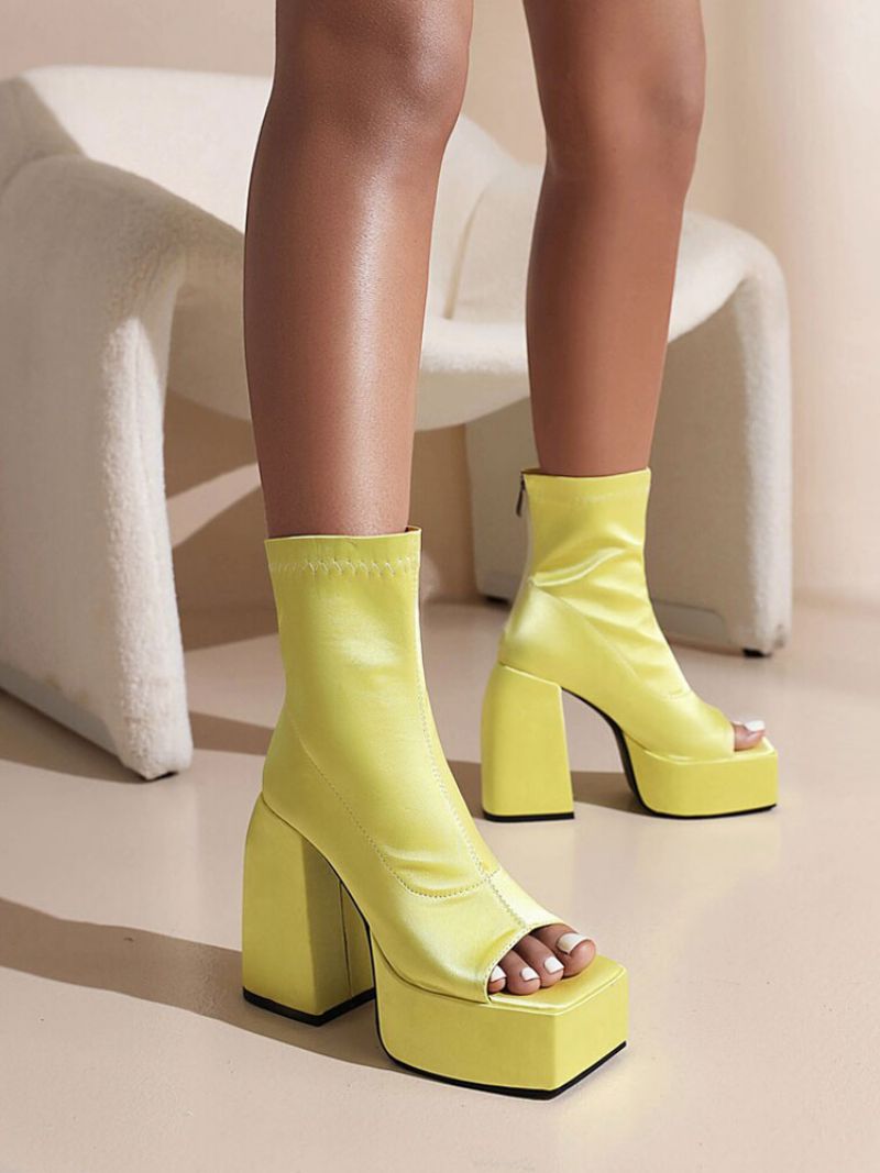 Dam Peep Toe Sommarstövlar Plattform Chunky Heels Ankelboots I Satin - Gul