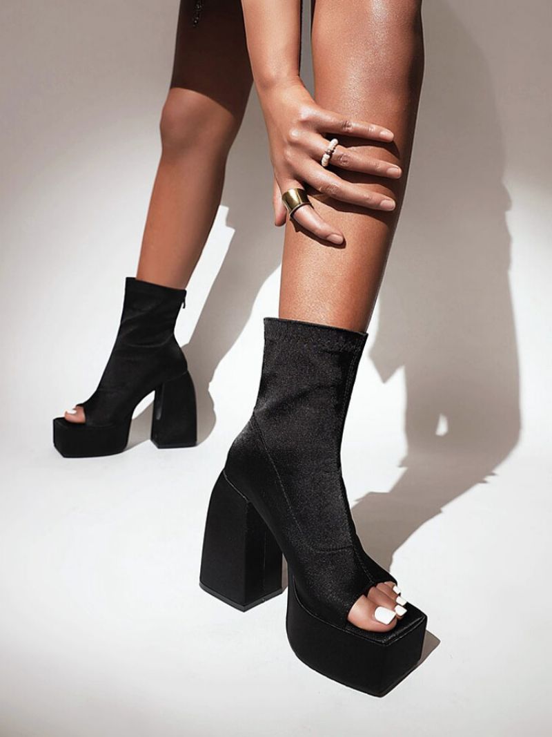 Dam Peep Toe Sommarstövlar Plattform Chunky Heels Ankelboots I Satin - Svart