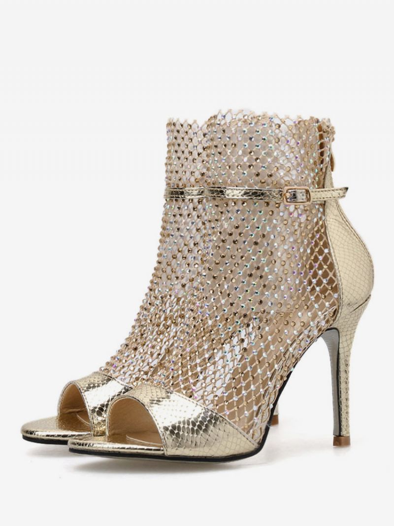 Dam Sandal Booties Guld Peep Toe Rhinestones Högklackade Sandalskor