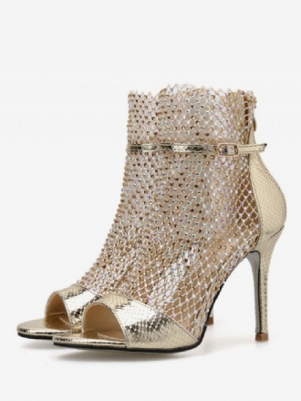 Dam Sandal Booties Guld Peep Toe Rhinestones Högklackade Sandalskor