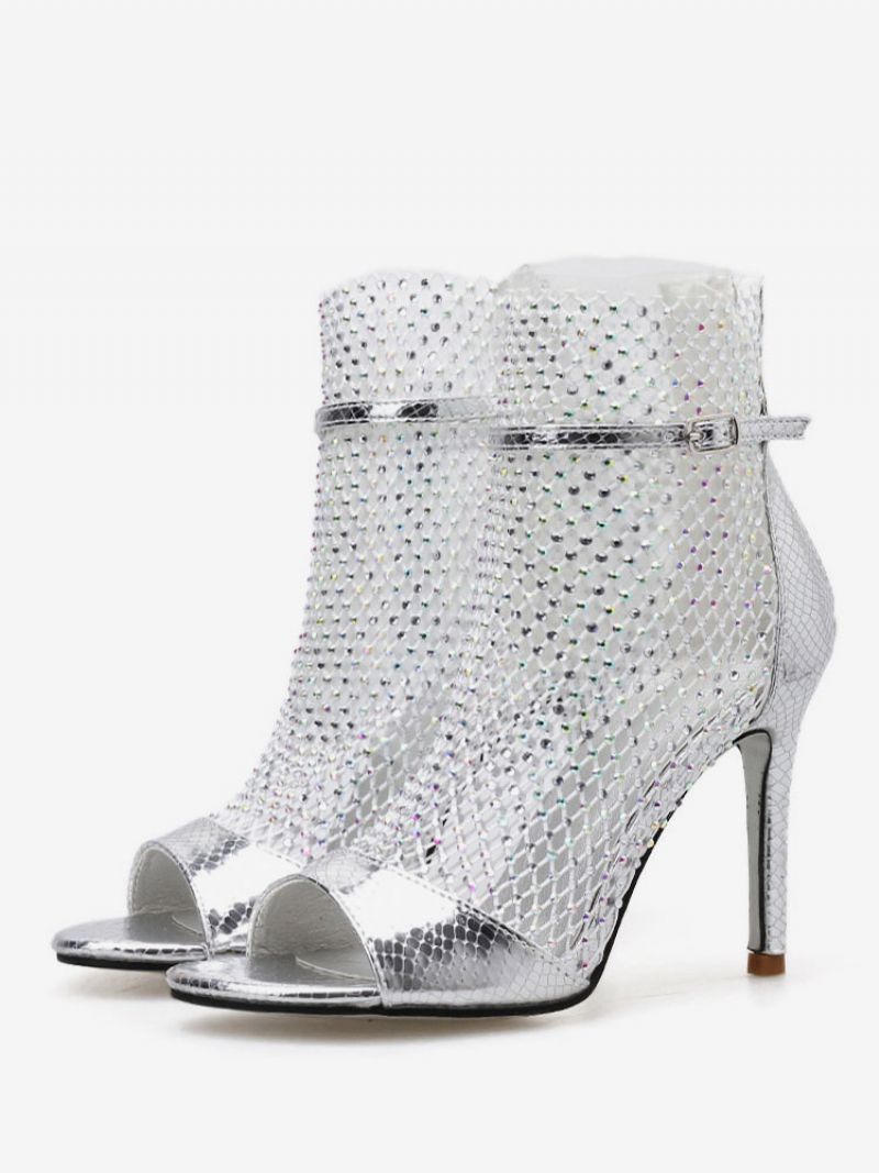 Dam Sandal Booties Guld Peep Toe Rhinestones Högklackade Sandalskor - Silver