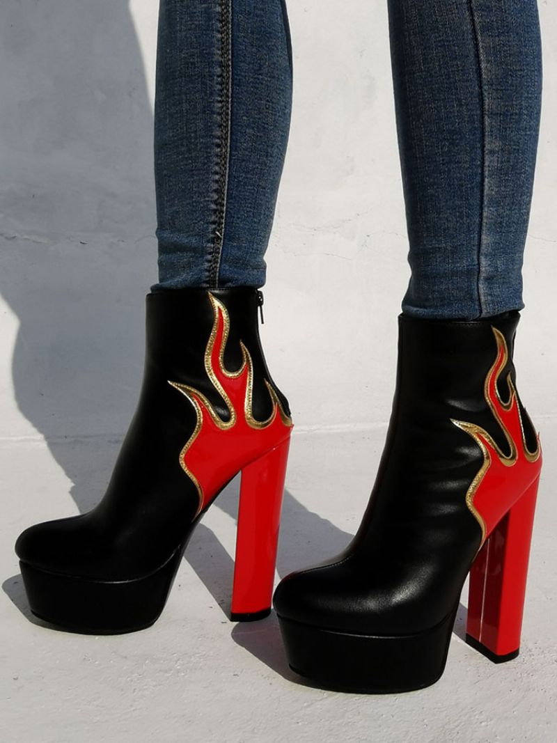 Flame Platform Chunky Heel Ankelboots För Kvinnor - Röd