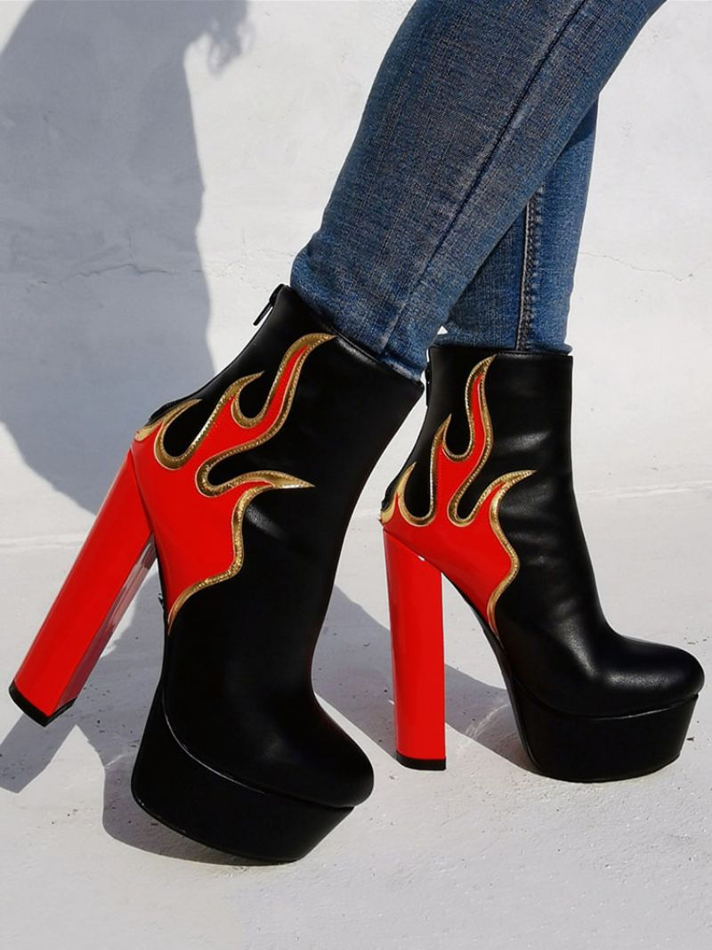 Flame Platform Chunky Heel Ankelboots För Kvinnor - Röd