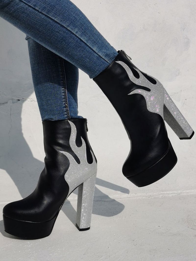 Flame Platform Chunky Heel Ankelboots För Kvinnor - Silver