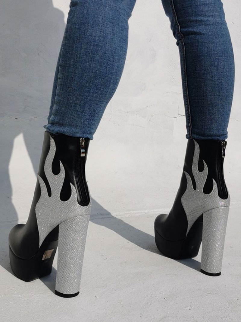 Flame Platform Chunky Heel Ankelboots För Kvinnor - Silver