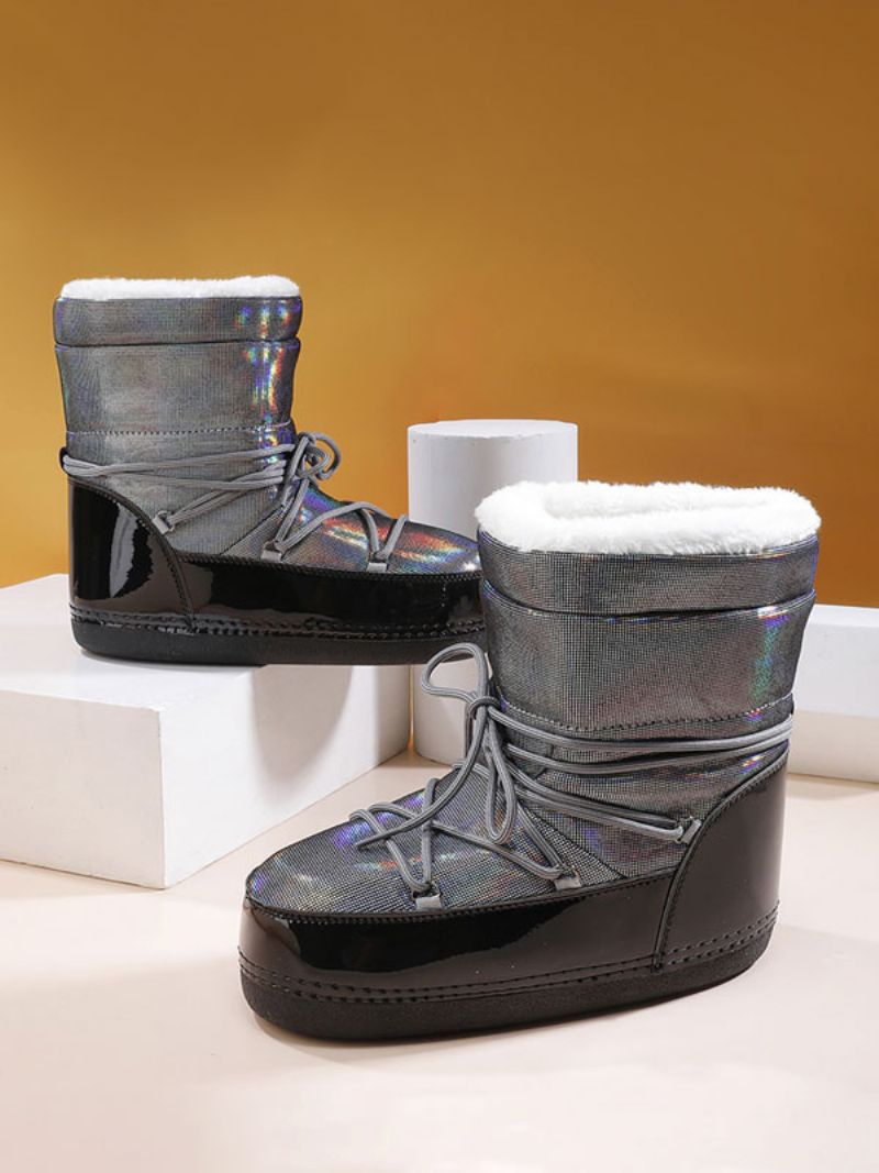 Grå Snöstövlar För Kvinnor Med Rund Tå Snörning Ankelboots - Silver