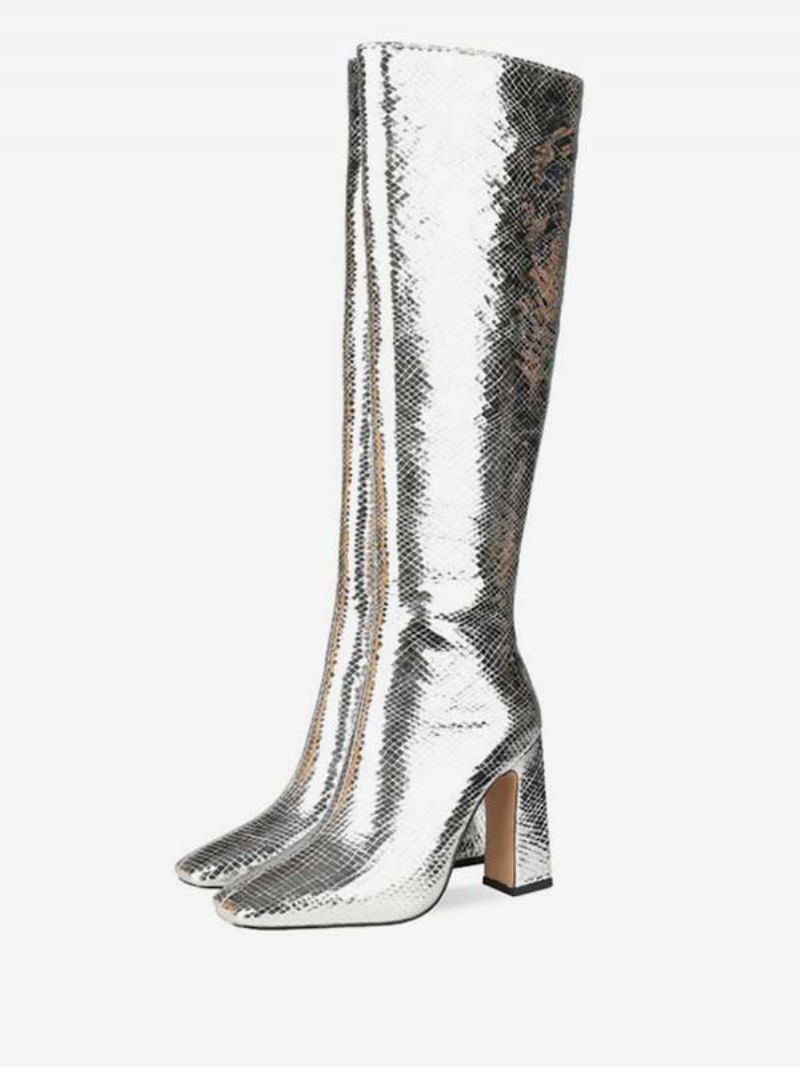 Knähöga Stövlar Silver Fyrkantig Tå Ormtryck Chunky Heel Bright Läder Knälånga Högklackade