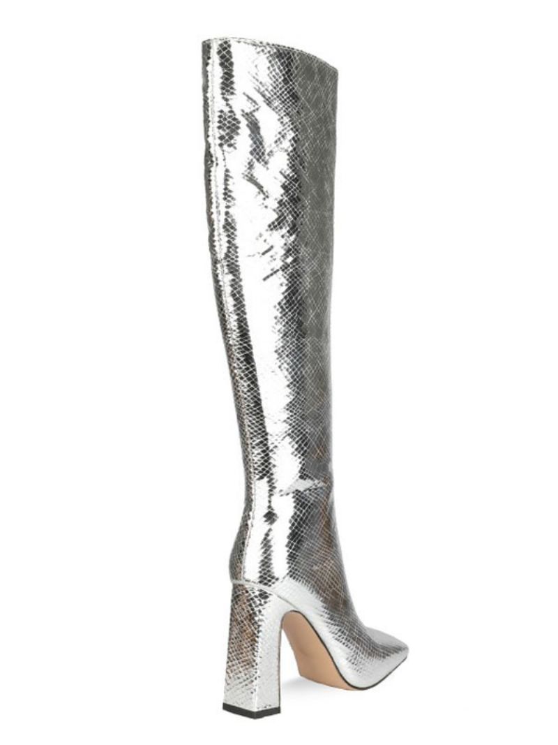 Knähöga Stövlar Silver Fyrkantig Tå Ormtryck Chunky Heel Bright Läder Knälånga Högklackade - Silver